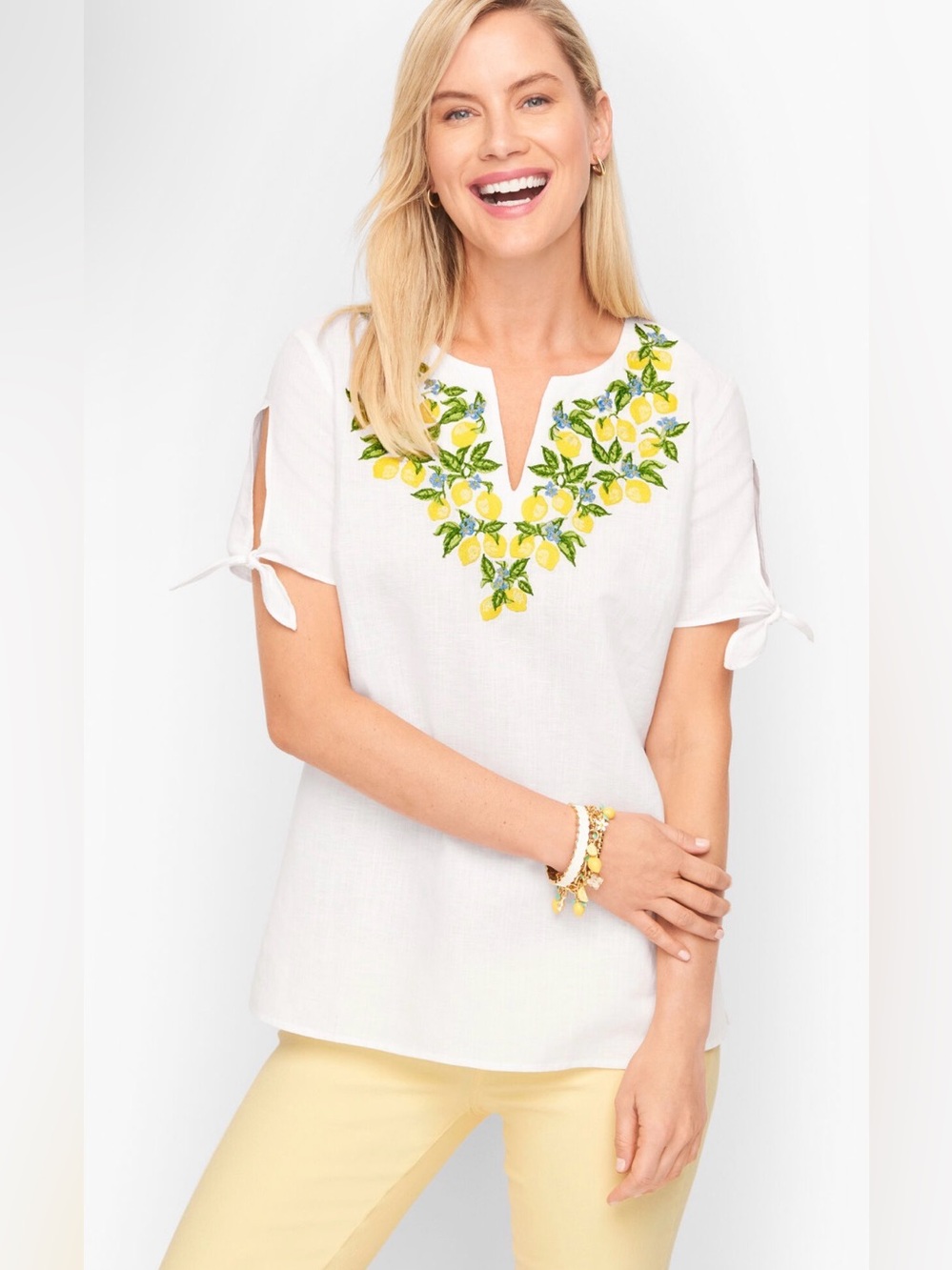 Talbots Tie Detail Embroidered Top Lemon Size 2XP